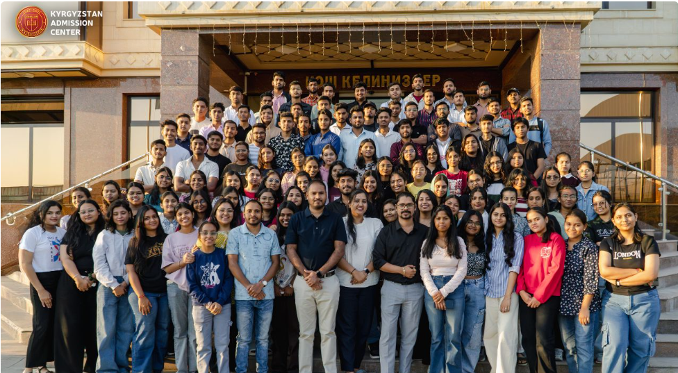 The KAC family — a batch of Indian MBBS aspirants with the KAC team on the steps of Kyrgyzstan Admission Center
