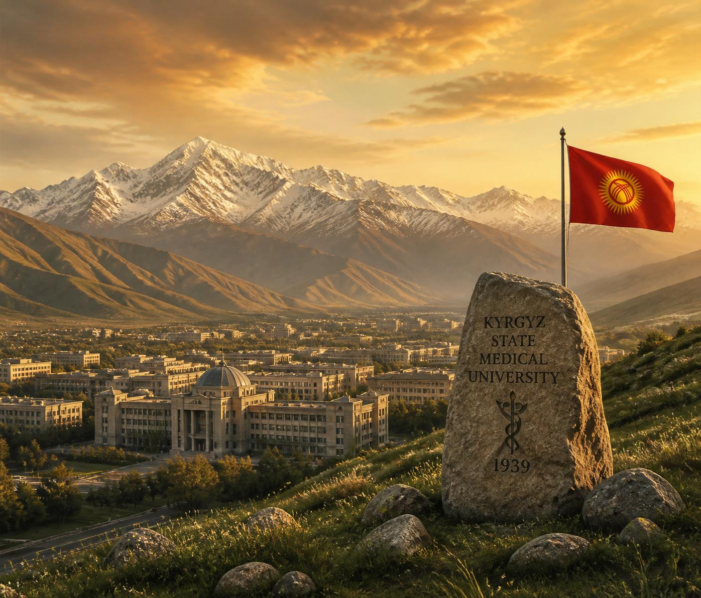 Kyrgyzstan medical university campus with Tian Shan mountains